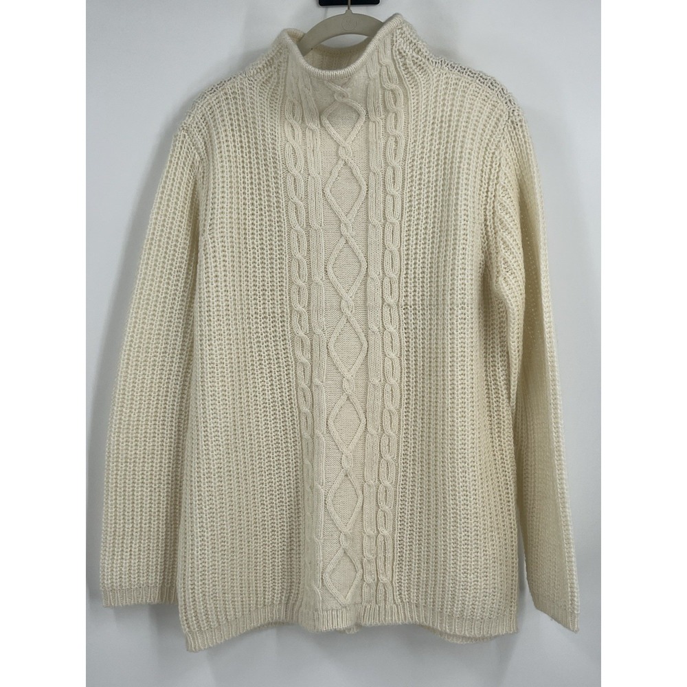Women Size Medium Beige Cable Rib Knit Rollneck Fisherman Sweater Chunky Coastal